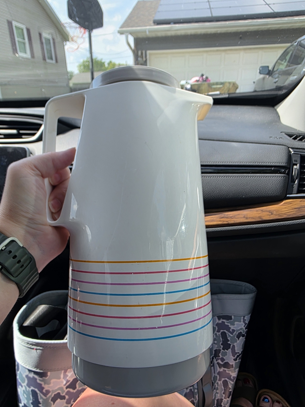 Vintage Thermos White Insulated Pitcher with Pink, Blue & Yellow Stripes